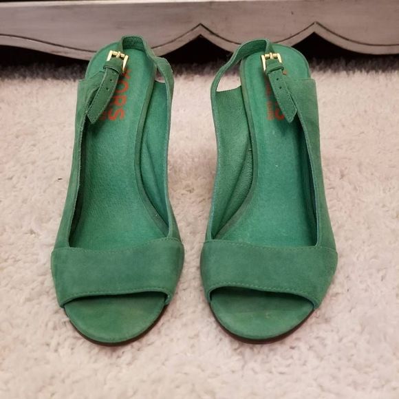 Michael Kors Suede Kelly Green Peep Toes 8 - Picture 4 of 10